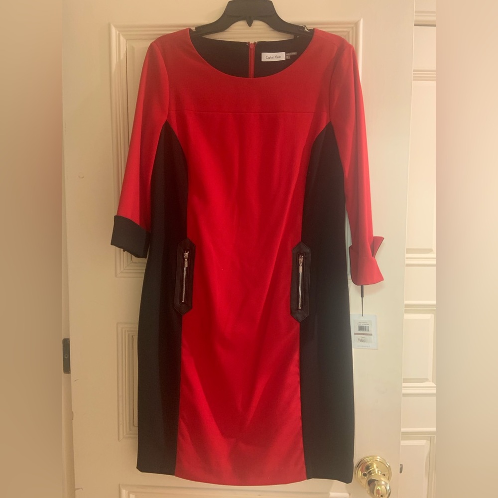 Calvin Klein Red and Black Shift Dress with Faux Leather Detail, NWT